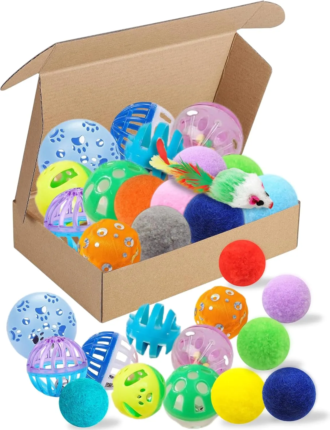 15-Piece Toy Set with Jingle Balls, Mouse & Fuzzy Balls  for Play, Exercise, and Interactive Fun (1.5'' - 2.2'', Cat Toys Mega Set)