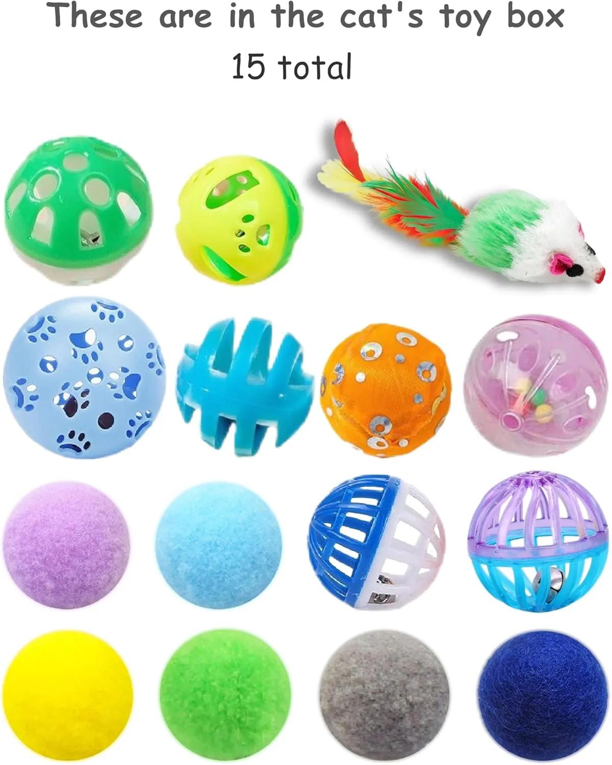 15-Piece Toy Set with Jingle Balls, Mouse & Fuzzy Balls  for Play, Exercise, and Interactive Fun (1.5'' - 2.2'', Cat Toys Mega Set)