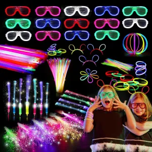 258 PCS Glow in the Dark Party Supplies With 20 PCS LED Glasses, 200PCS Glow Sticks and 18 Connector Fiber Optic Wands - Neon Favors for Wedding, Concert, Birthday