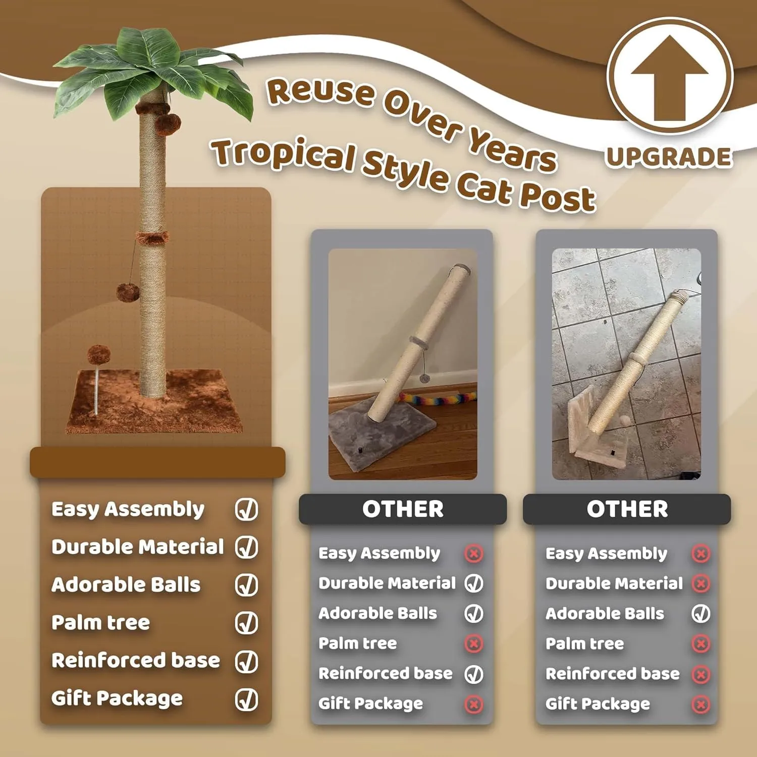 34'' Cat Scratching Post for Average Cats, Brown Palm Cat Tree, Cat Scratcher for Indoor Cats with Hanging Toy Balls for Large Cats and Kittens