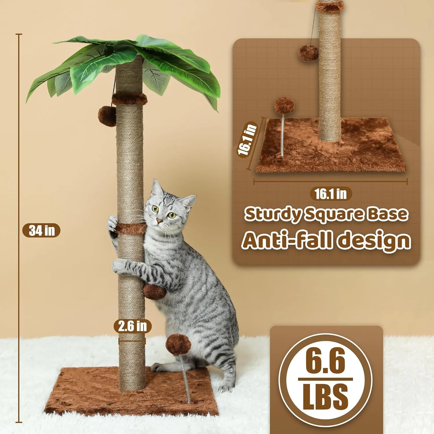 34'' Cat Scratching Post for Average Cats, Brown Palm Cat Tree, Cat Scratcher for Indoor Cats with Hanging Toy Balls for Large Cats and Kittens