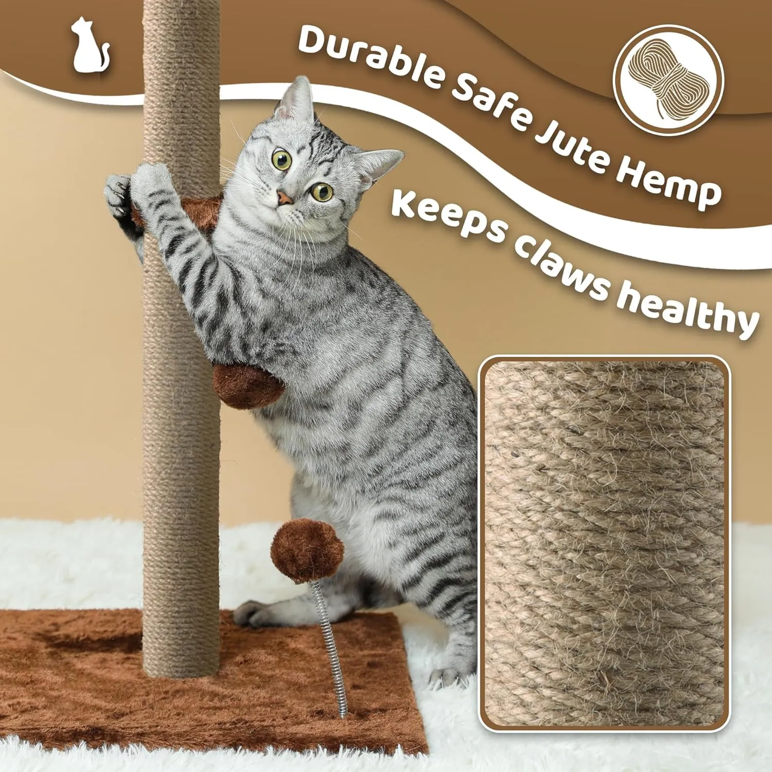 34'' Cat Scratching Post for Average Cats, Brown Palm Cat Tree, Cat Scratcher for Indoor Cats with Hanging Toy Balls for Large Cats and Kittens