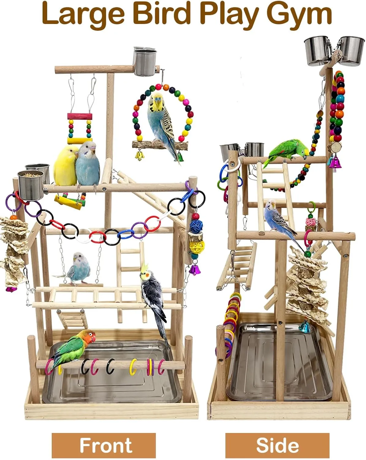5 Layers Large Bird Playground Natural Wood Parrot Play Stand Birds Perch Stand Gym Parakeet Birds Cage Accessories with Removable Tray and 4 Stainless Steel Cups for Cockatiel Cockatoos Finch