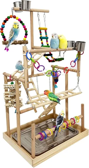 5 Layers Large Bird Playground Natural Wood Parrot Play Stand Birds Perch Stand Gym Parakeet Birds Cage Accessories with Removable Tray and 4 Stainless Steel Cups for Cockatiel Cockatoos Finch