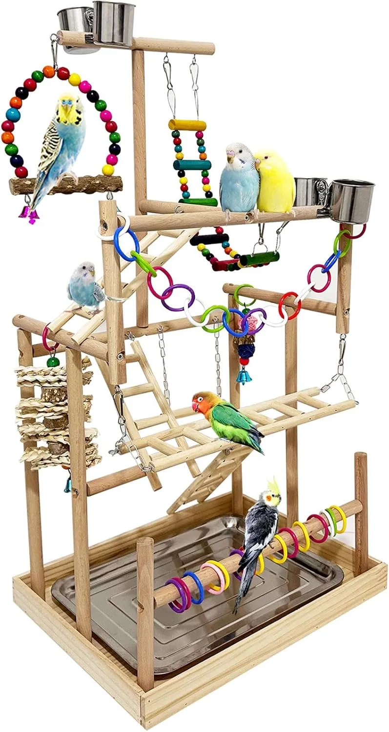 5 Layers Large Bird Playground Natural Wood Parrot Play Stand Birds Perch Stand Gym Parakeet Birds Cage Accessories with Removable Tray and 4 Stainless Steel Cups for Cockatiel Cockatoos Finch