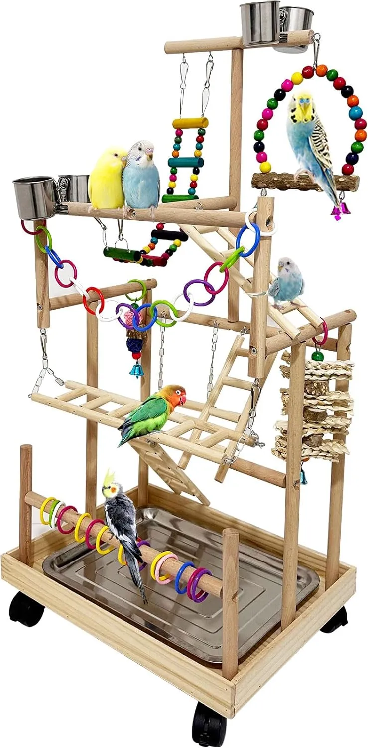 5 Layers Large Bird Playstand with Wheel, Natural Wood Parrot Playground, Parakeet Perch Stand Small Bird Playgym with Ladder Toy Accessories for Cockatiel Cockatoo Finch Budgie Lovebird