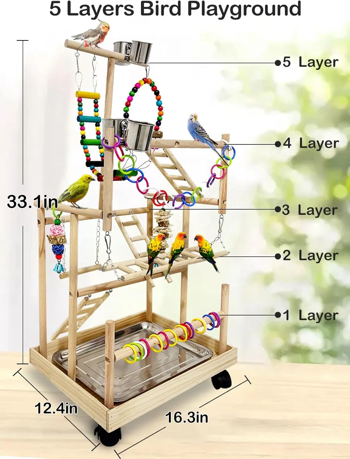 5 Layers Large Bird Playstand with Wheel, Natural Wood Parrot Playground, Parakeet Perch Stand Small Bird Playgym with Ladder Toy Accessories for Cockatiel Cockatoo Finch Budgie Lovebird
