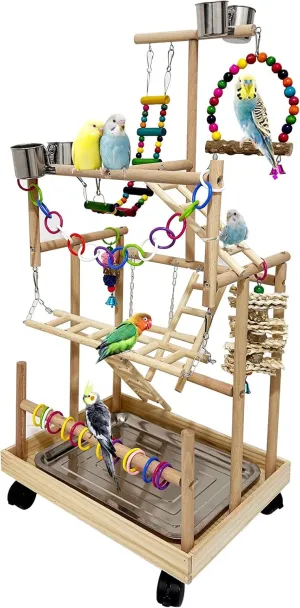 5 Layers Large Bird Playstand with Wheel, Natural Wood Parrot Playground, Parakeet Perch Stand Small Bird Playgym with Ladder Toy Accessories for Cockatiel Cockatoo Finch Budgie Lovebird