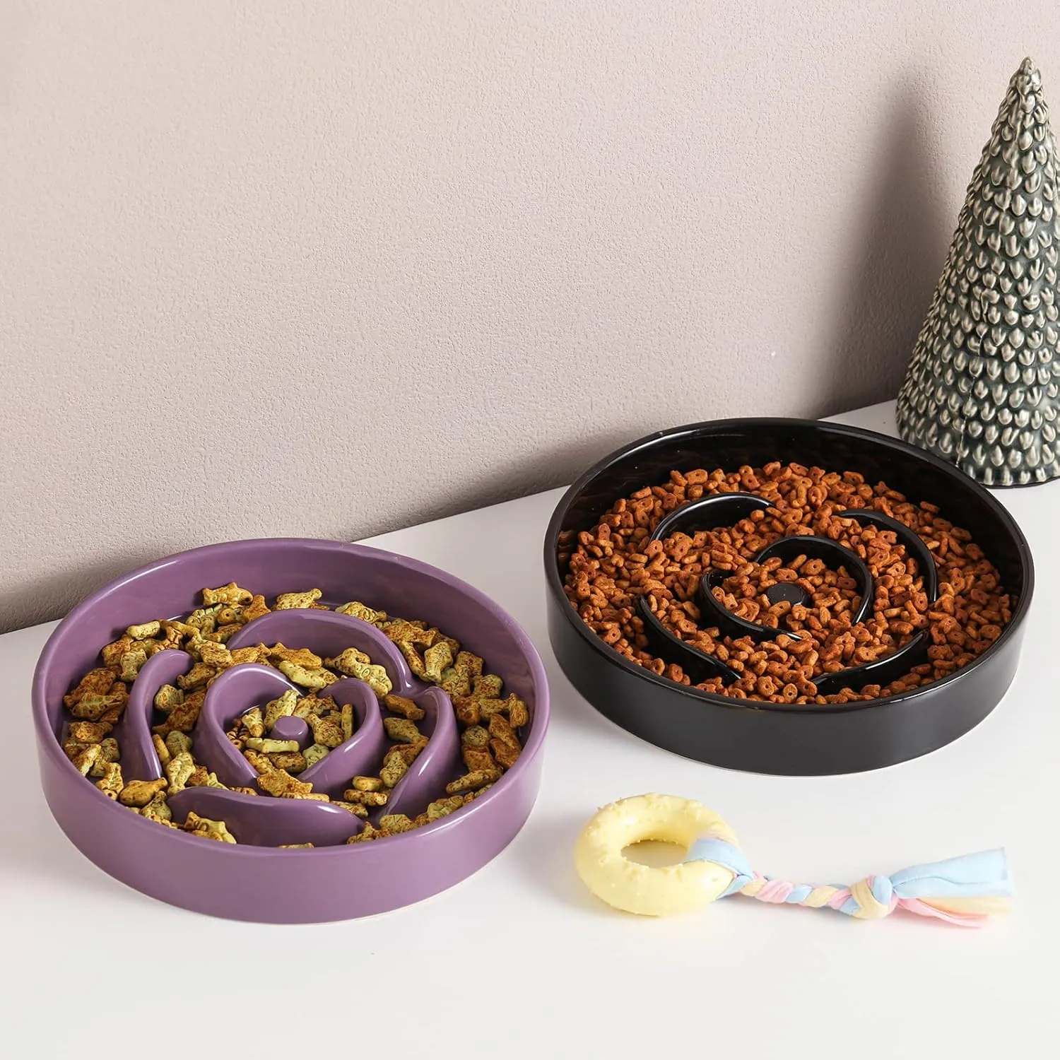 8.66 in Purple Dog Feeder Ceramic for Medium & Large Breeds, Slow Feeding Dog Food & Water Dish, Puzzle Slow Eating Bowl Modern Maze