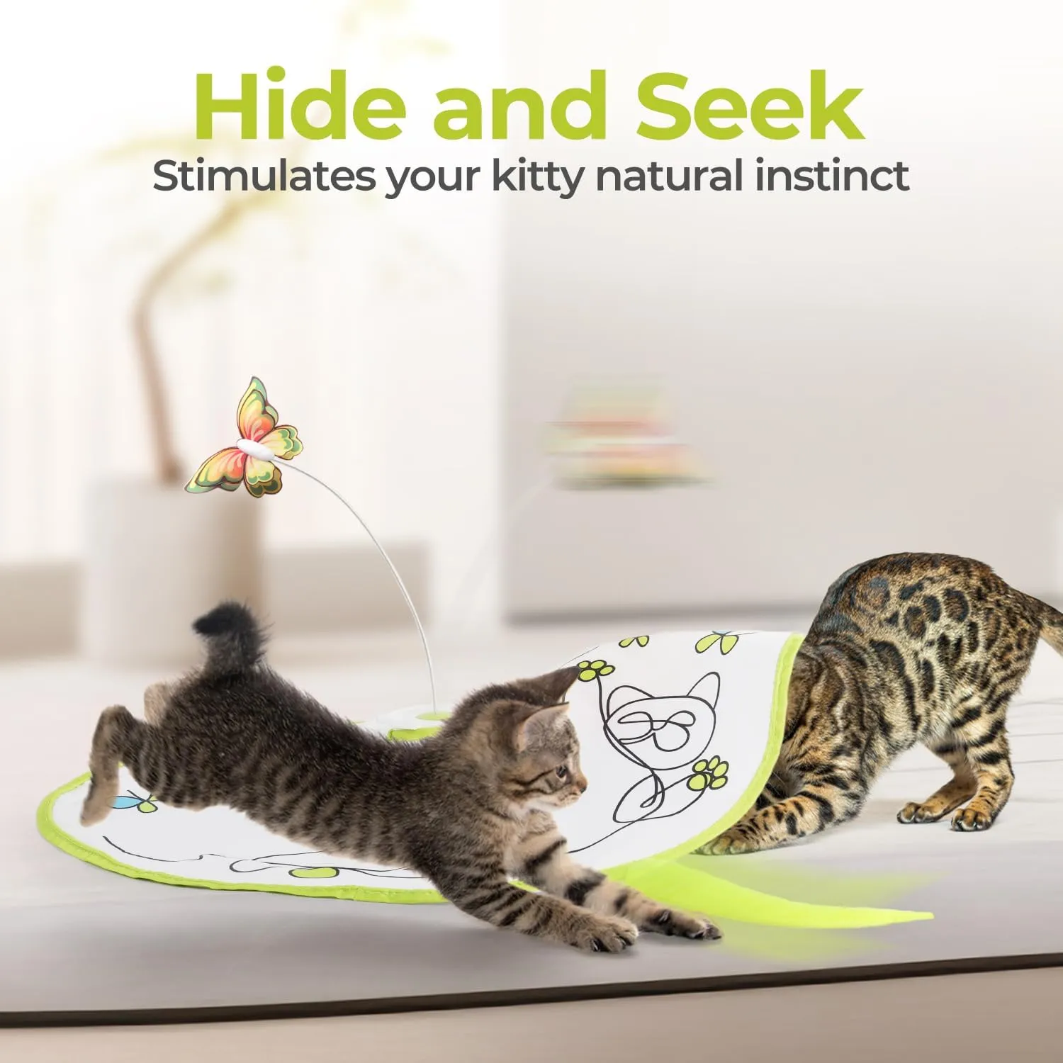 ALL FOR PAWS 2 in 1 Cat Wand Toy - Hide-N-Seek & Flutter with Butterfly Spinner & Moving Feather for Indoor Cats