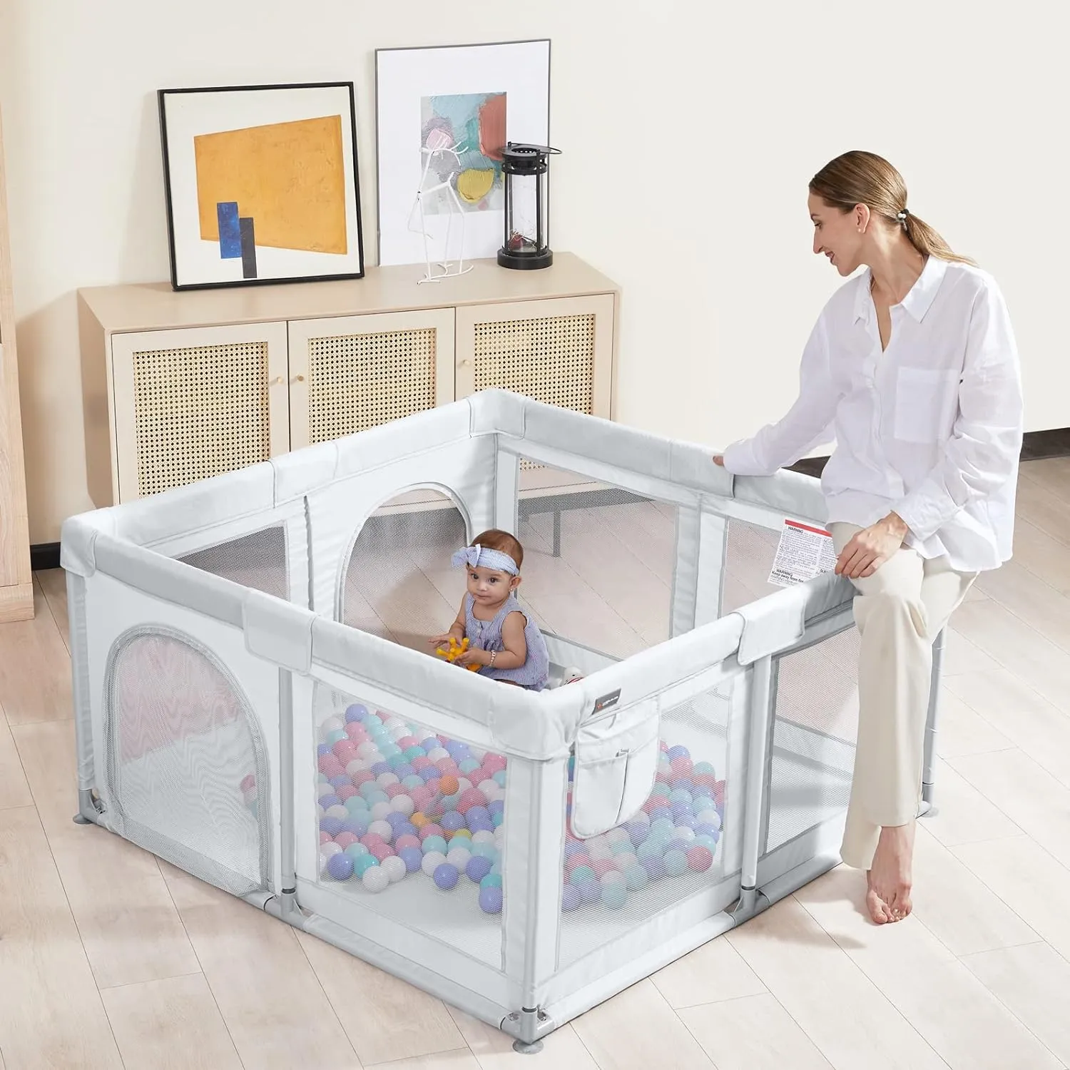 ANGELBLISS Baby Playpen, Large Baby Playard, Indoor & Outdoor Kids Activity Center with Anti-Slip Base, Sturdy Safety Play Yard with Breathable Mesh, Kid's Fence for Infants Toddlers (Grey, 50x50)