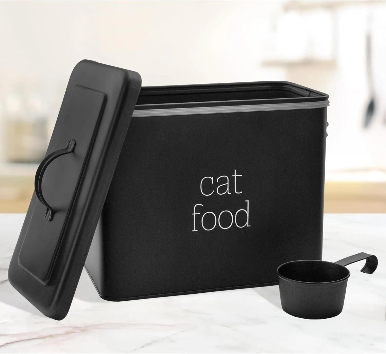 AuldHome Farmhouse Cat Food Container (Black); Enamel Look Rustic Cat Food Bin with Scoop