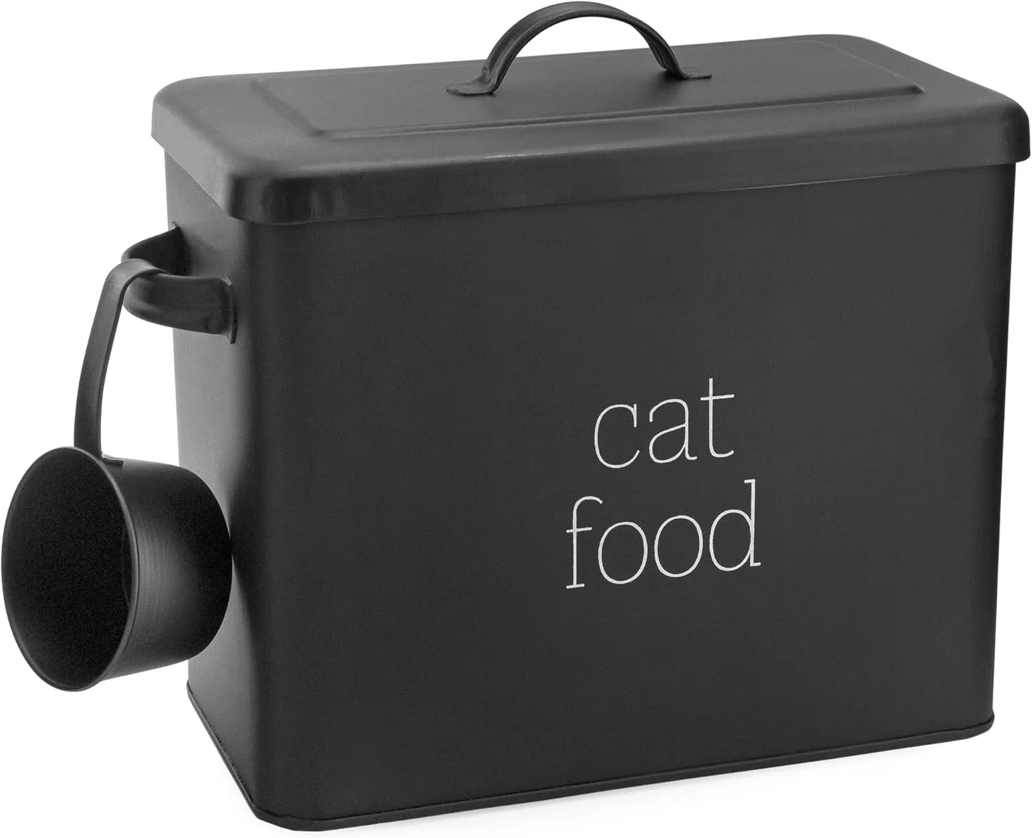 AuldHome Farmhouse Cat Food Container (Black); Enamel Look Rustic Cat Food Bin with Scoop