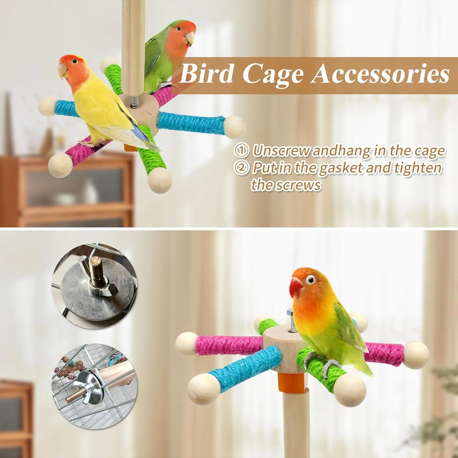 Bird Perch Toy for Cage,Spinning Windmill Bird Perch Toy,360 Rotating Chewable Stand with Grinding Sticks,Interactive Cage/Tabletop Training Toy for Parakeets,Cockatiels,Lovebirds (Mixcolor, Round)