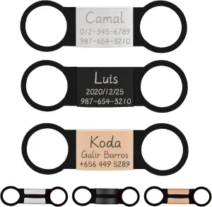 CAMAL Slide-On Pet ID Tags Pack of 3 Jingle Free Dog Tags Personalized Cats Tags Engraved with Name and Phone Number or More for Dog and Cat Collars(Small or Large - Black, Rose Gold, and Silver)