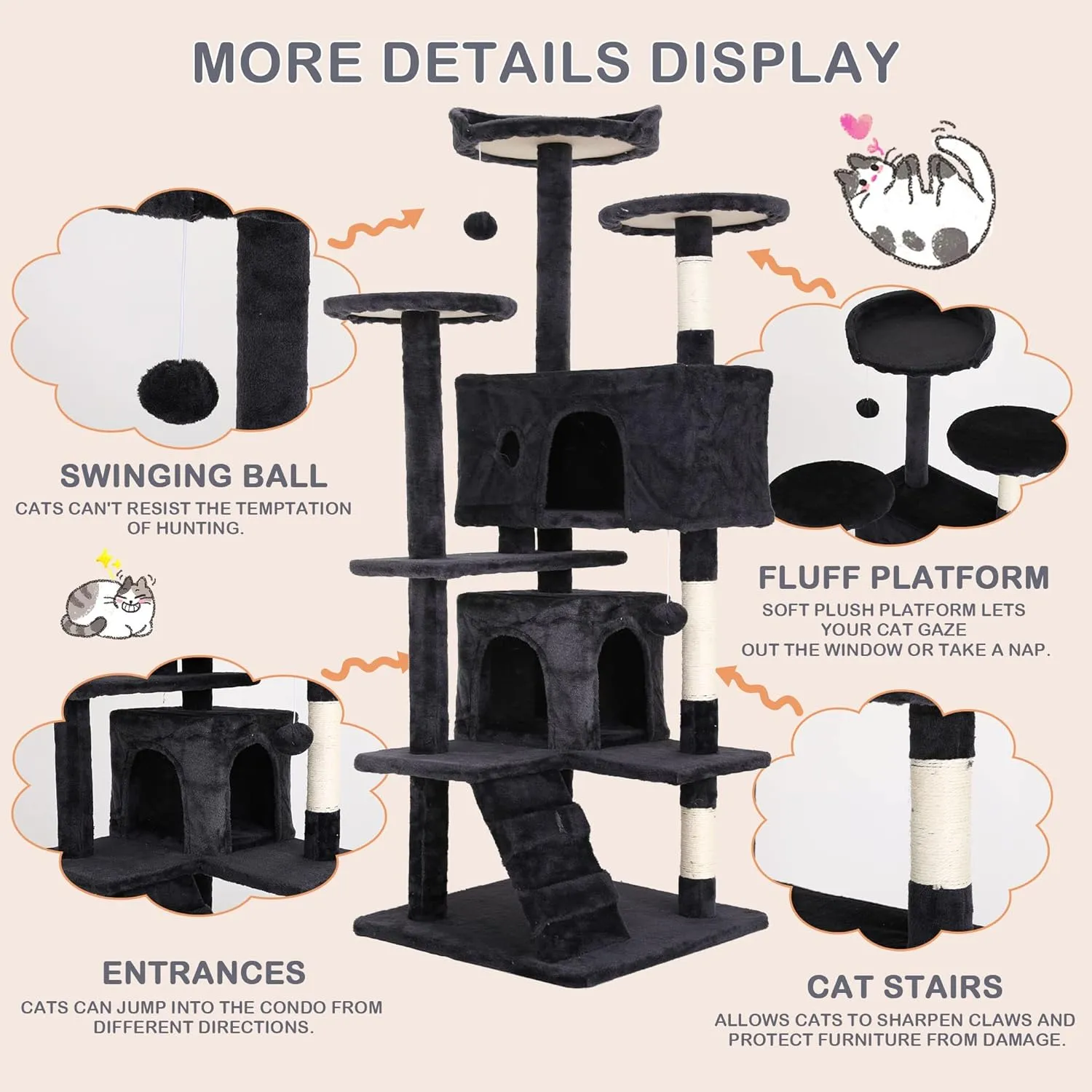 Cat Tree Multi-Level Cat Tower, Stable Cat Tree Tower with Sisal-Covered Scratching Posts, Cat Condo Cat Tree for Large Cat, Heavy Duty Cat Trees Cat Towers Cat Condos for Indoor Large Cats
