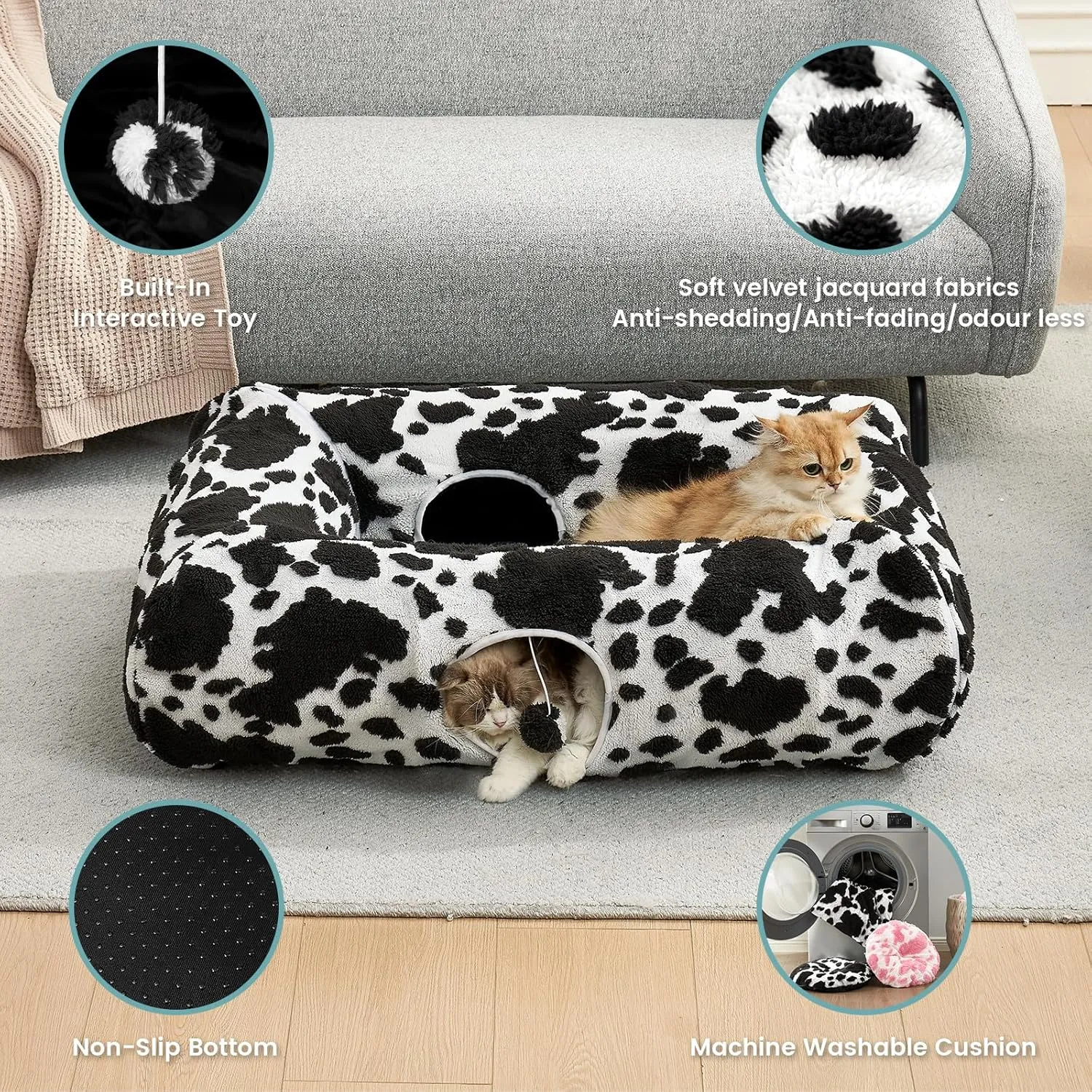 Cat Tunnel Bed for Indoor Cats, Foldable Cute Cat Donut Tunnel with Washable Cushion, Kitten Toys for Indoor Cats Puppy/Rabbit, Black