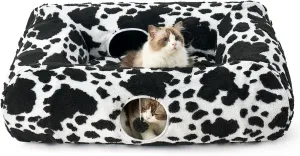 Cat Tunnel Bed for Indoor Cats, Foldable Cute Cat Donut Tunnel with Washable Cushion, Kitten Toys for Indoor Cats Puppy/Rabbit, Black