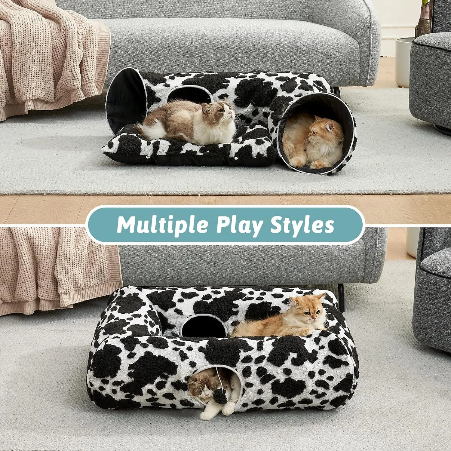 Cat Tunnel Bed for Indoor Cats, Foldable Cute Cat Donut Tunnel with Washable Cushion, Kitten Toys for Indoor Cats Puppy/Rabbit, Black