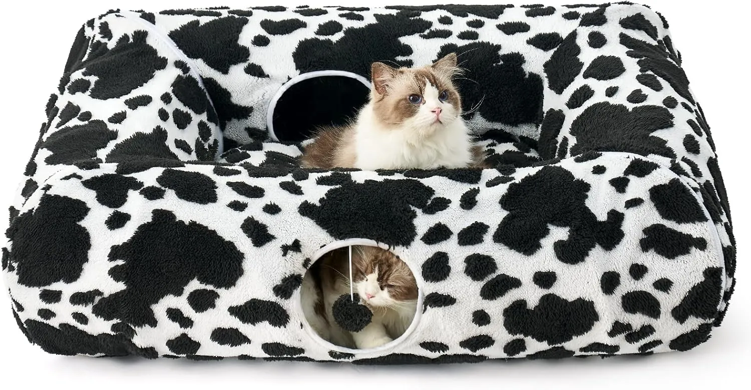 Cat Tunnel Bed for Indoor Cats, Foldable Cute Cat Donut Tunnel with Washable Cushion, Kitten Toys for Indoor Cats Puppy/Rabbit, Black