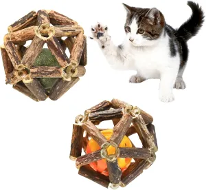 Catnip Toys - 2 Pcs Natural Cat Chew Nip Balls, Indoor Cat Enrichment Toys, Hand-Woven Cage Balls for Dental Health and Stress Relief, Made from Silvervine Sticks