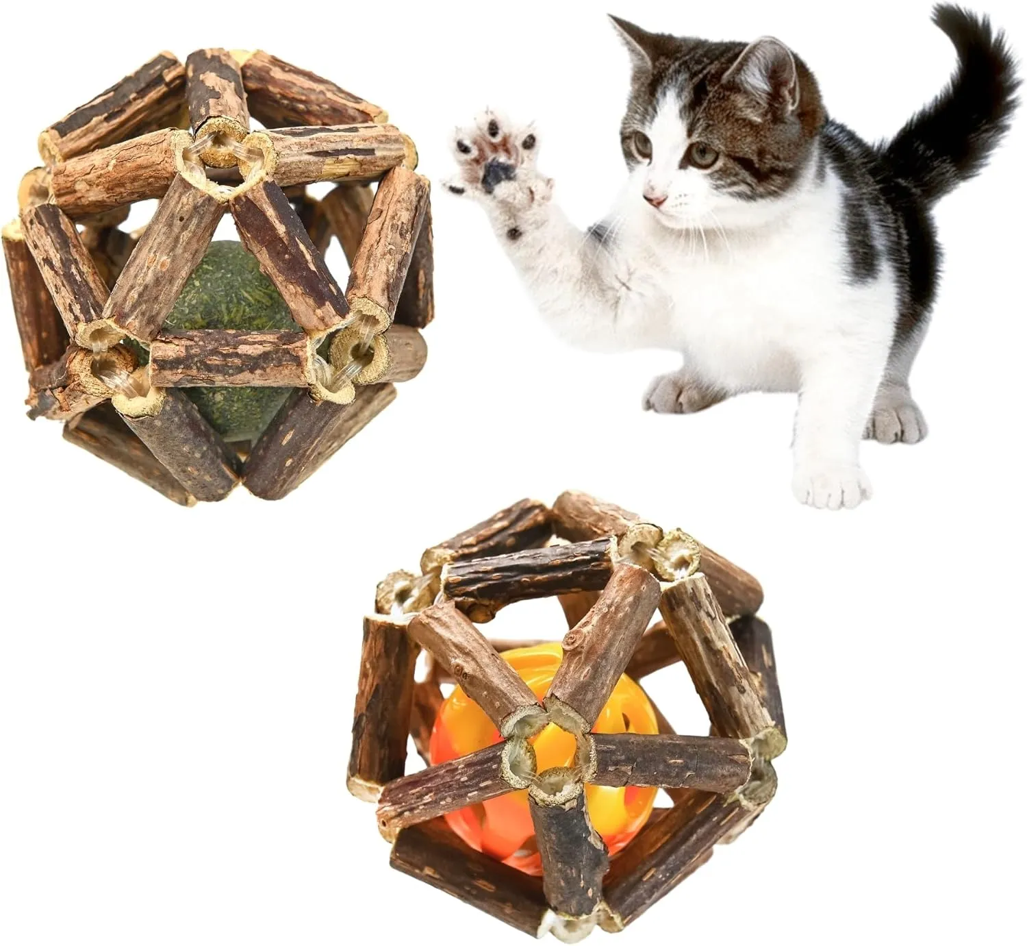 Catnip Toys - 2 Pcs Natural Cat Chew Nip Balls, Indoor Cat Enrichment Toys, Hand-Woven Cage Balls for Dental Health and Stress Relief, Made from Silvervine Sticks