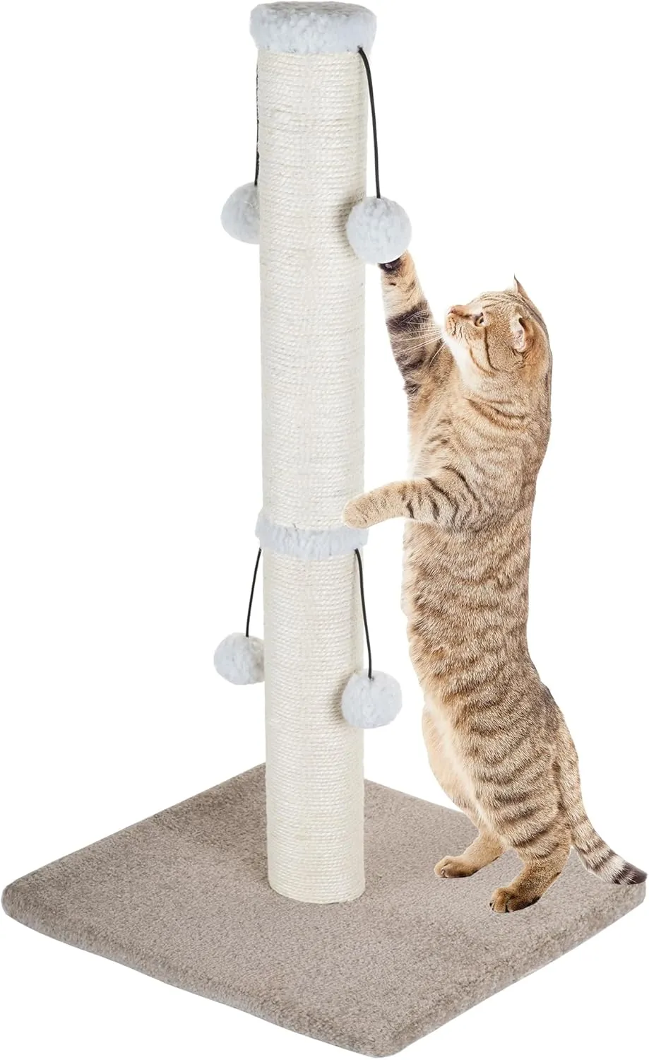 Dimaka Tall Carpet Cat Scratching Post for Large Cats, 29" Natural Sisal Rope Post Tree with Stable Heavy Base and 4 Interactive Toy Balls, Scratcher Post for Indoor Cats(Beige/Yellow V2)