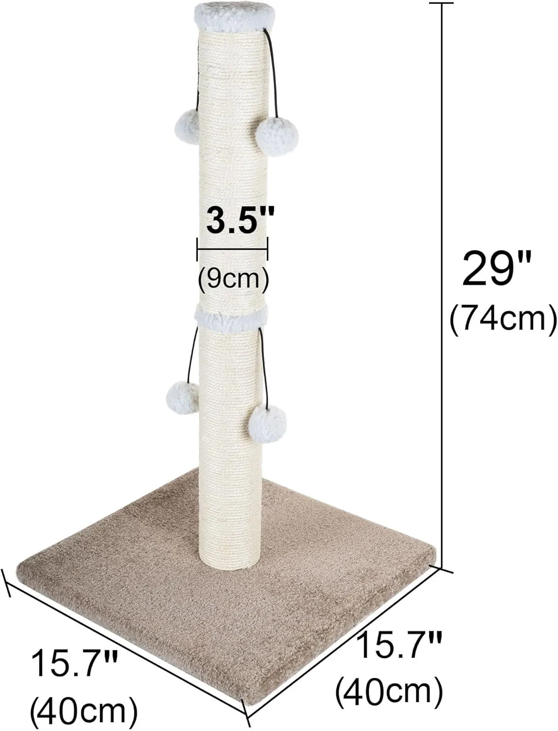 Dimaka Tall Carpet Cat Scratching Post for Large Cats, 29" Natural Sisal Rope Post Tree with Stable Heavy Base and 4 Interactive Toy Balls, Scratcher Post for Indoor Cats(Beige/Yellow V2)