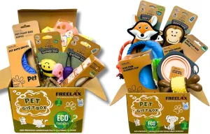 Dog and Cat Gift Basket Set  2 Eco-Friendly Gift Boxes with Chew Toys, Organic Catnip, Blanket & Cat Cave for Medium & Large Dogs and Indoor Cats