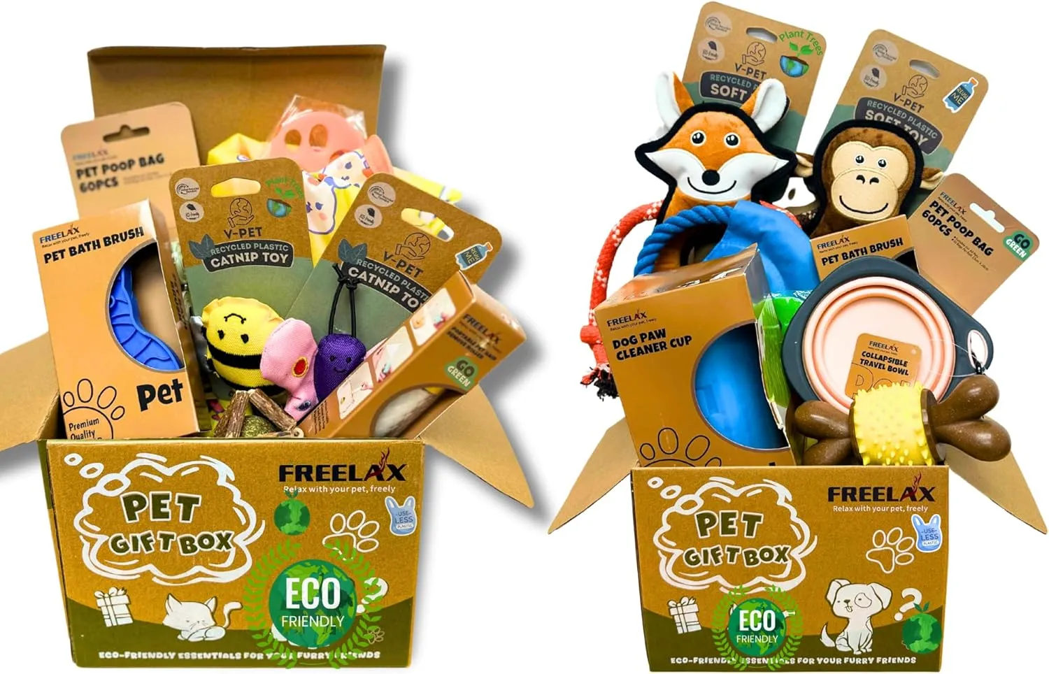 Dog and Cat Gift Basket Set  2 Eco-Friendly Gift Boxes with Chew Toys, Organic Catnip, Blanket & Cat Cave for Medium & Large Dogs and Indoor Cats