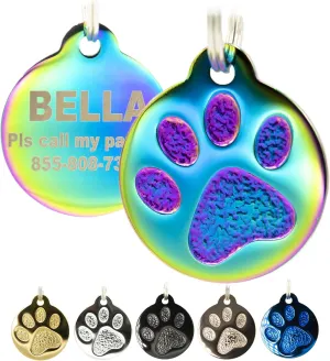 Engraved Cat Tags - Personalized with 4 Lines of Custom Engraved ID, Round Paw Print Solid Plating Stainless Steel in 5 colors: Gold, Rose Gold, Blue, Black, Nebula