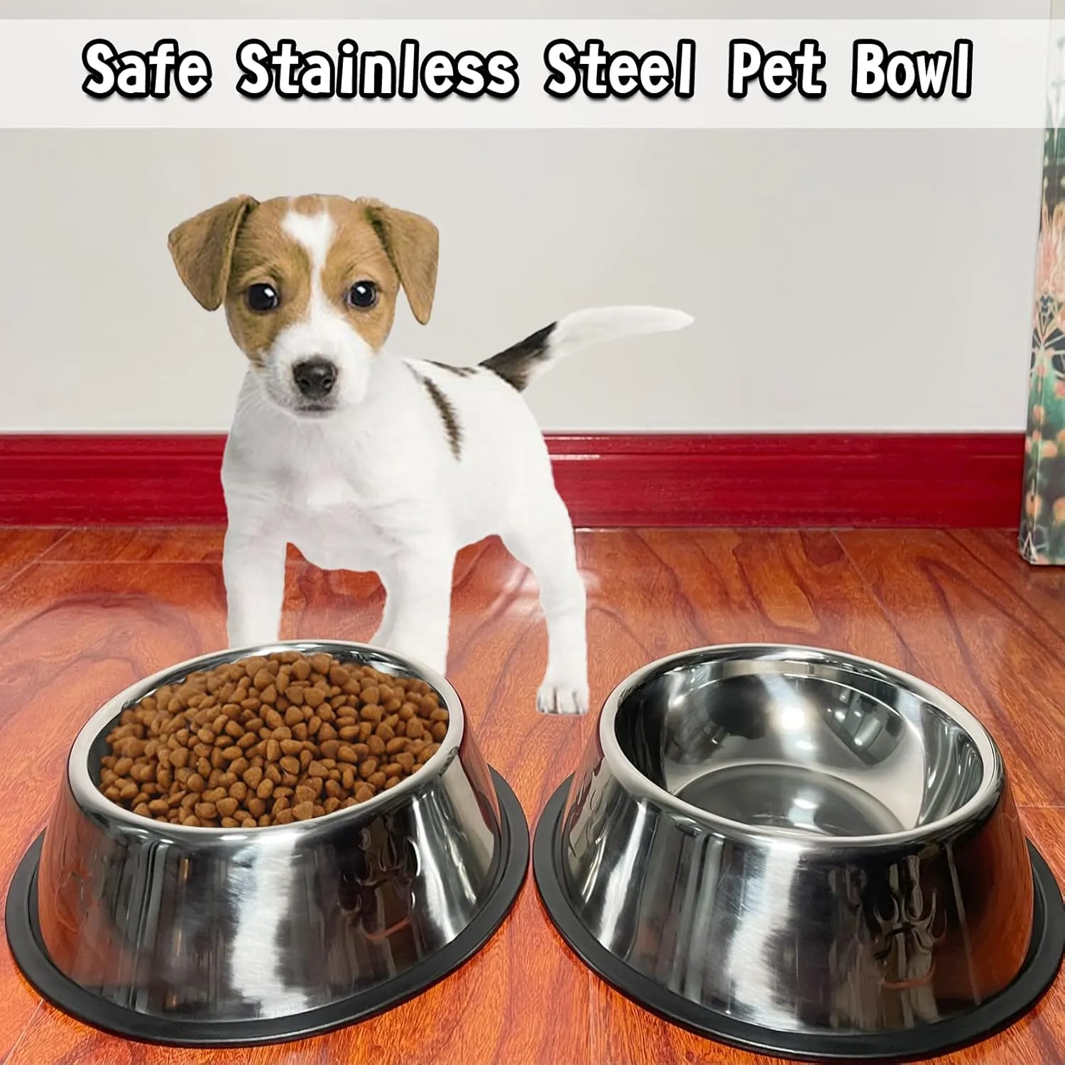Fhiny 4Pcs Stainless Steel Dog Cat Bowl with Rubber Base Pet Food and Water Feeder Bowls Stackable Non-Slip Dish Plate for Small Medium Animals Puppy Kitten Rabbit