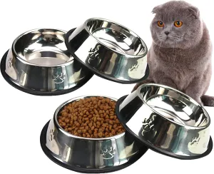 Fhiny 4Pcs Stainless Steel Dog Cat Bowl with Rubber Base Pet Food and Water Feeder Bowls Stackable Non-Slip Dish Plate for Small Medium Animals Puppy Kitten Rabbit