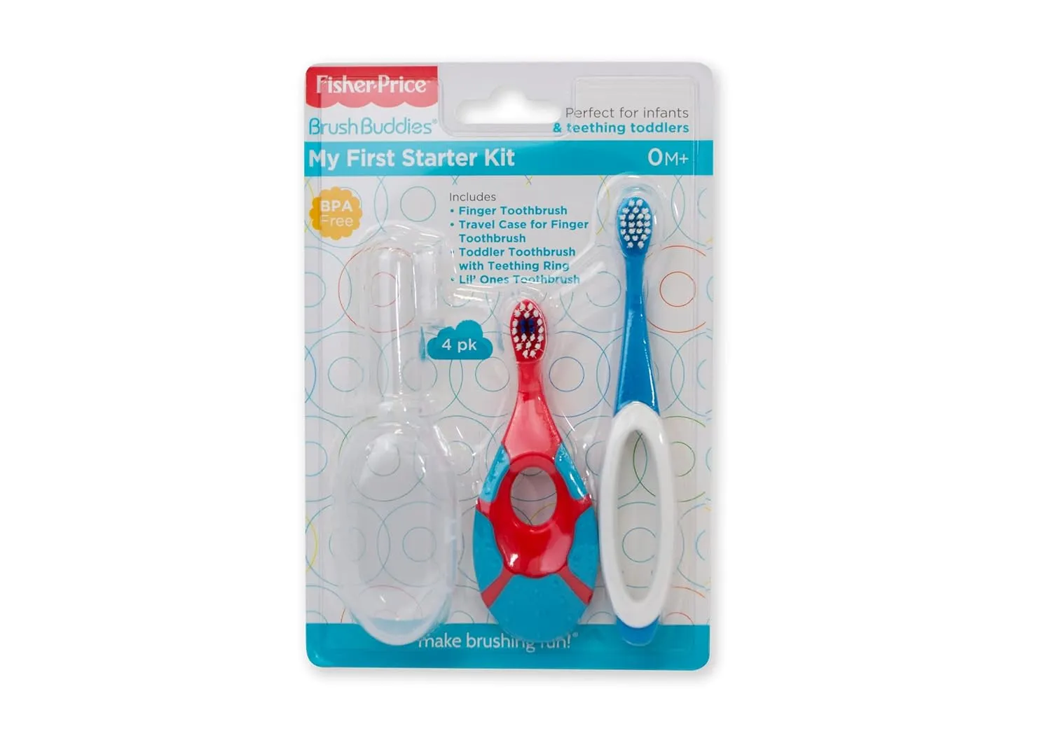 Fisher Price | My First Starter Kit | 4 Piece Set | Finger Toothbrush and Travel Case, Toddler Toothbrush with Teething Ring, Lil' Ones Toothbrush