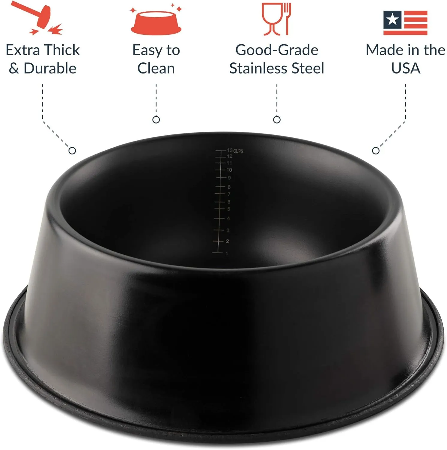 Flourish Stainless-Steel Dog Bowls | Extra Thick, Durable Pet Bowl | Non-Slip Silicone Base, Easy to Measure, Pet Bowls for Kibble & Water | for All Kind of Dogs & Cats (Black-112 Ounces) Large
