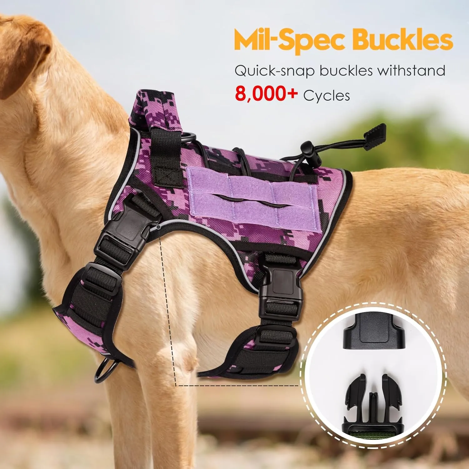 Heavy-Duty Tactical Dog Harness for Large Dogs, No Pull Adjustable Reflective Pet Vest with Molle System, K9 Military-Grade Control for Service Training, Outdoor & 10  Breeds, Purple Camo, X-Large