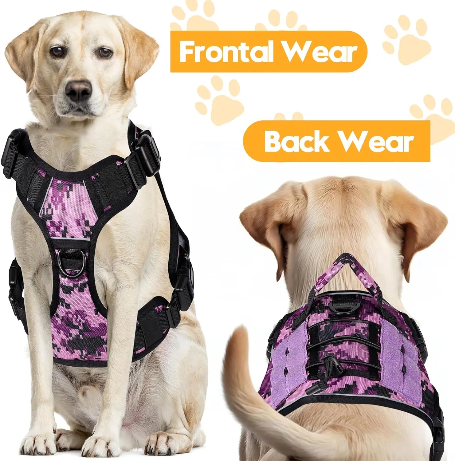 Heavy-Duty Tactical Dog Harness for Large Dogs, No Pull Adjustable Reflective Pet Vest with Molle System, K9 Military-Grade Control for Service Training, Outdoor & 10  Breeds, Purple Camo, X-Large