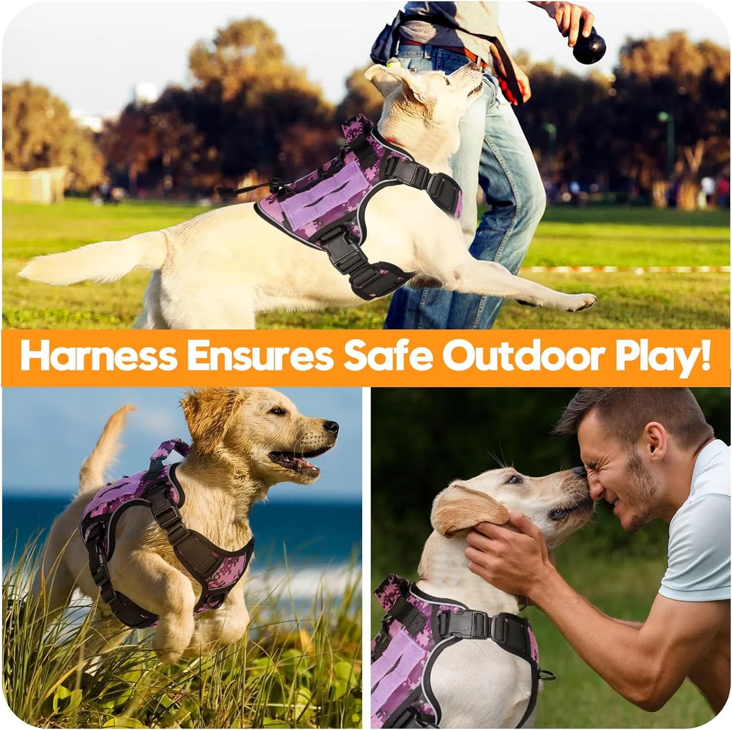 Heavy-Duty Tactical Dog Harness for Large Dogs, No Pull Adjustable Reflective Pet Vest with Molle System, K9 Military-Grade Control for Service Training, Outdoor & 10  Breeds, Purple Camo, X-Large