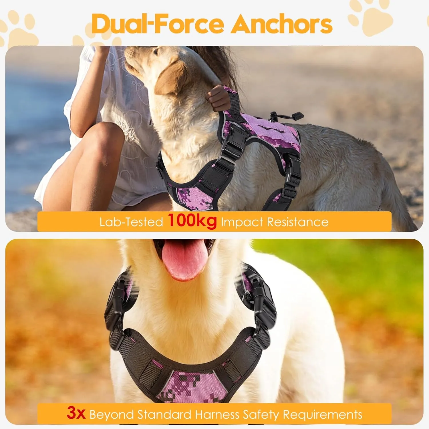 Heavy-Duty Tactical Dog Harness for Large Dogs, No Pull Adjustable Reflective Pet Vest with Molle System, K9 Military-Grade Control for Service Training, Outdoor & 10  Breeds, Purple Camo, X-Large