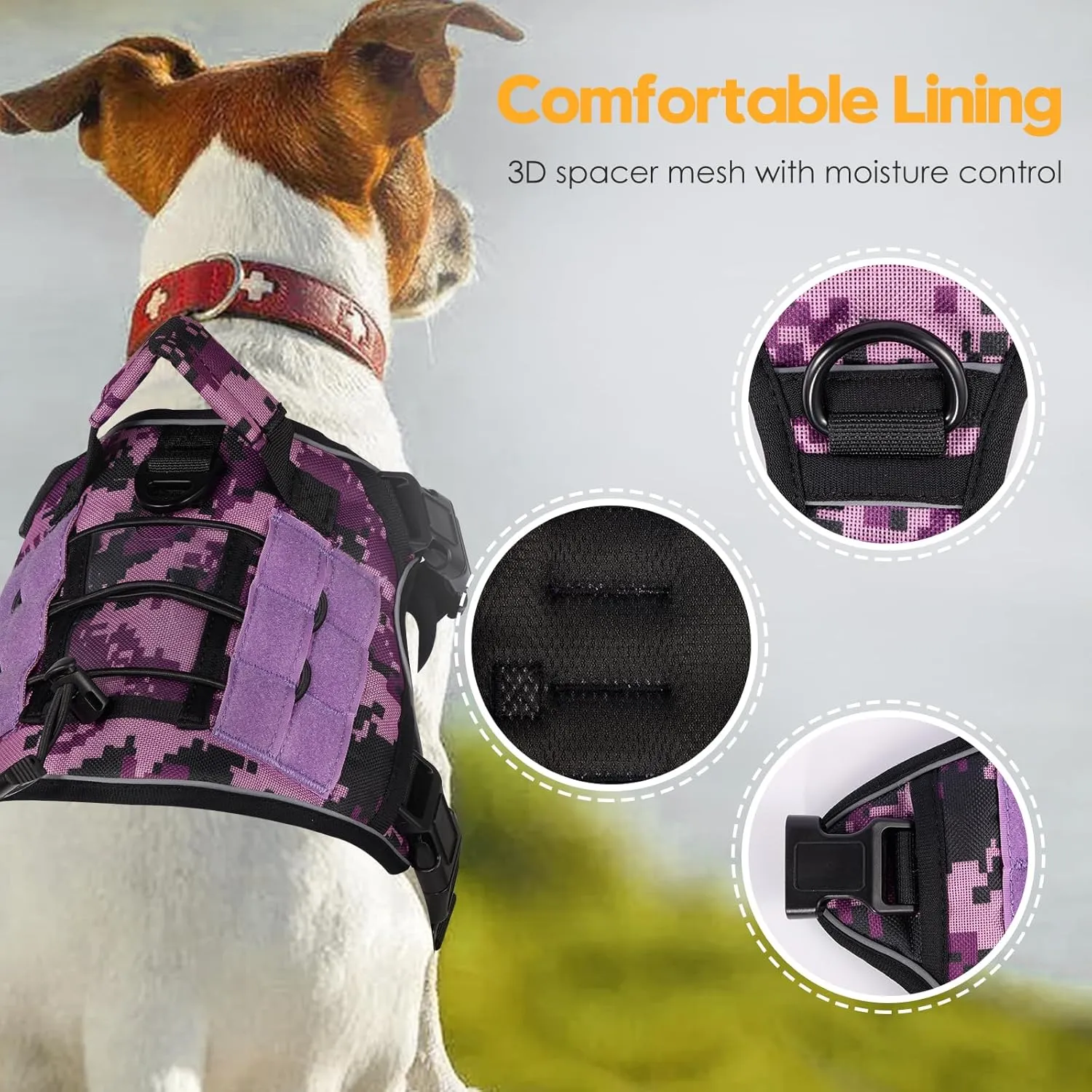 Heavy-Duty Tactical Dog Harness for Large Dogs, No Pull Adjustable Reflective Pet Vest with Molle System, K9 Military-Grade Control for Service Training, Outdoor & 10  Breeds, Purple Camo, X-Large