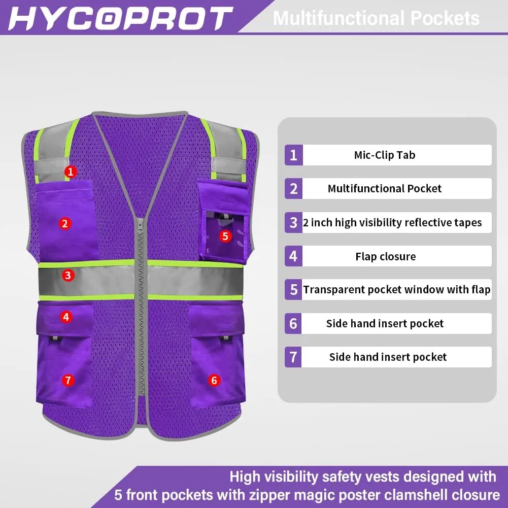 HYCOPROT High Visibility Mesh Safety Reflective Vest with Pockets and Zipper, Meets ANSI/ISEA Standards