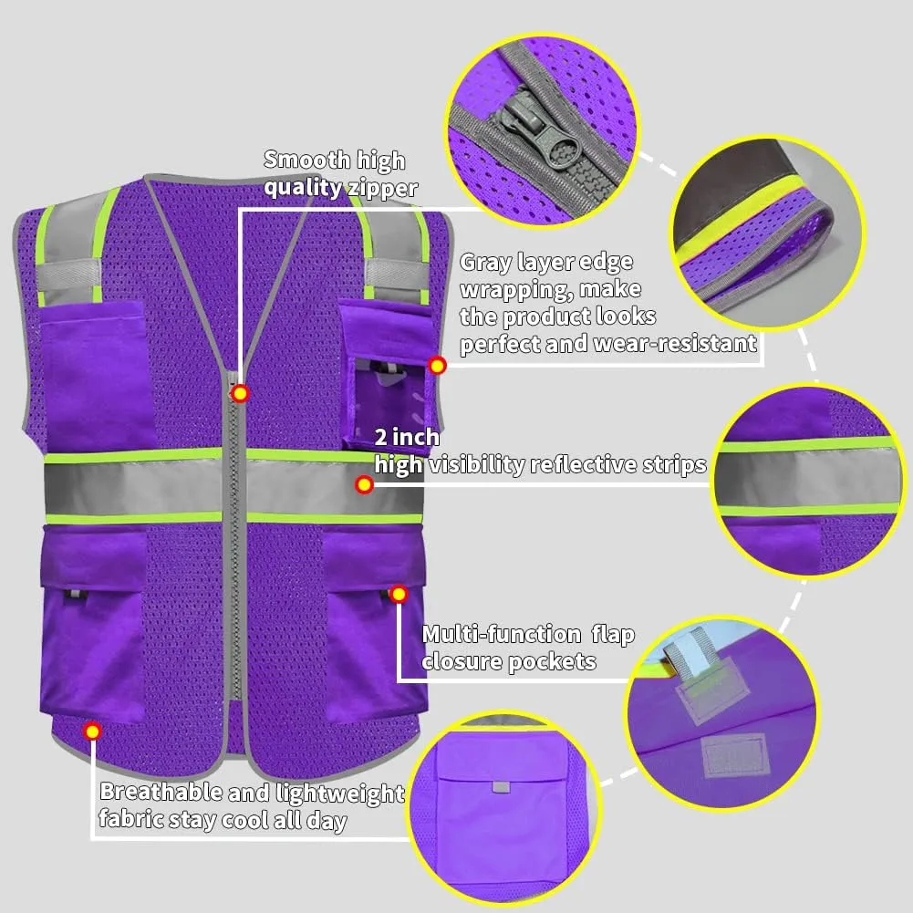 HYCOPROT High Visibility Mesh Safety Reflective Vest with Pockets and Zipper, Meets ANSI/ISEA Standards