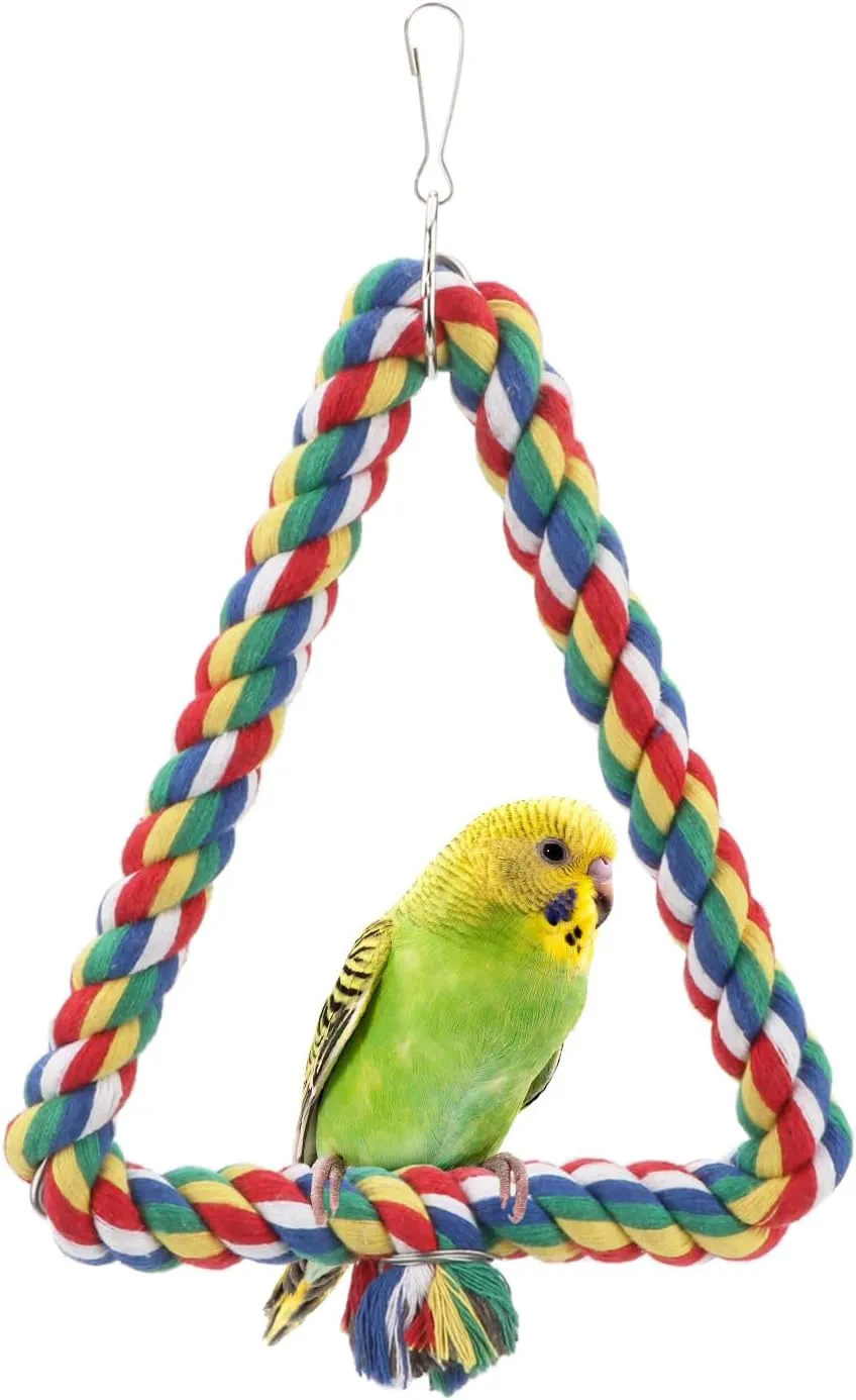 Hypeety Birds Rope Triangle Perch Adjustable Parrot Cage Stand Chewing Swing Toy Ropes for Small Medium Parrot Spiral Rope Cage (S:5.9 * 7.08inch)