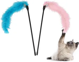 Hypeety Interactive Cat Toys Feather Wand Teaser Cat Wand Feather Rod with Bells for Indoor Cat Kitten Fun Interactive Toys 2pcs (Random Color)