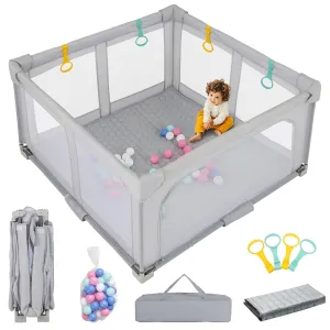 INFANS Foldable Baby Playpen with Mat, 50 x 50 Large Baby Play Yard for Infant with 50 Ocean Balls, 4 Handlers, Carry Bag, Indoor Outdoor Fence Toddler Activity Center (Gray, 50 x 50)