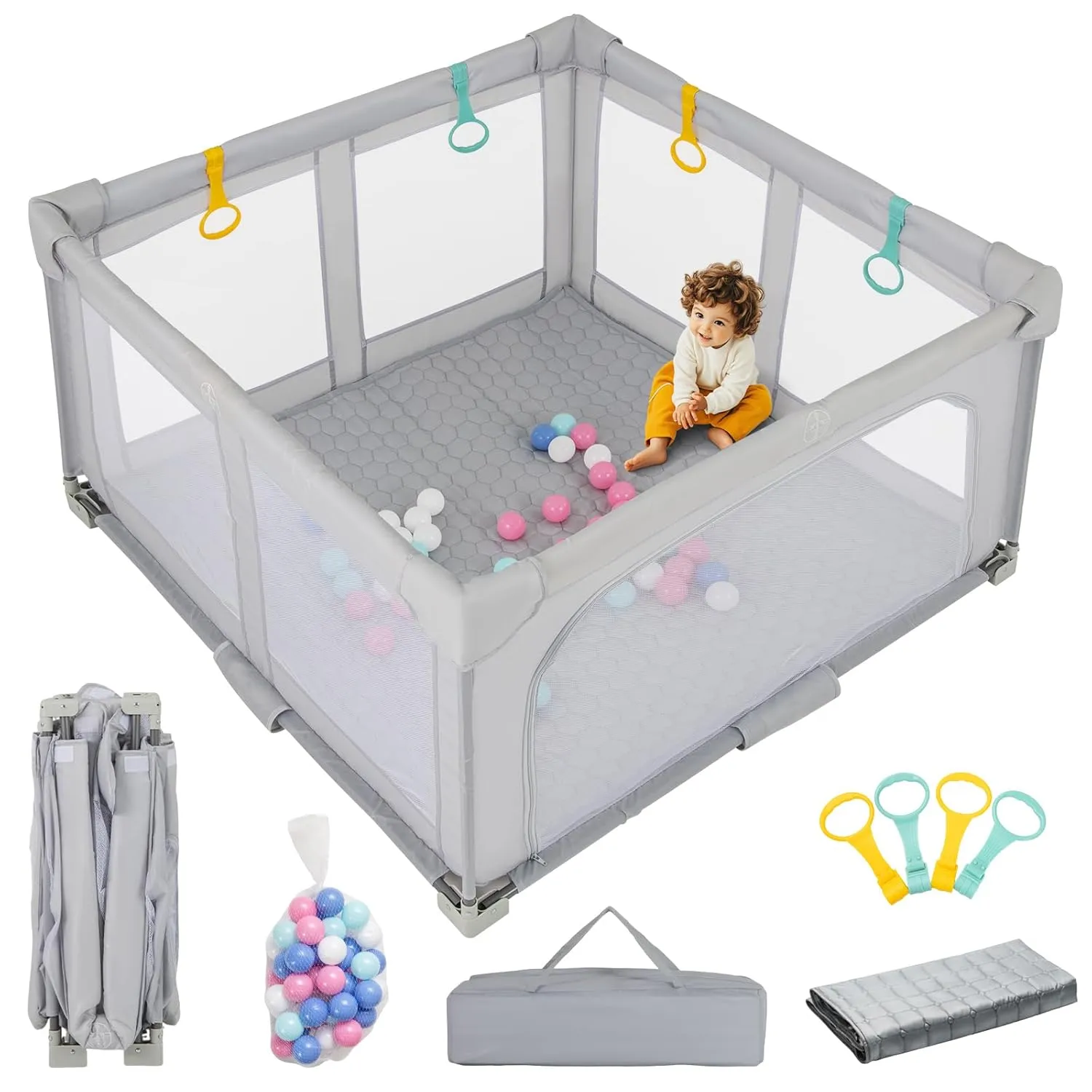 INFANS Foldable Baby Playpen with Mat, 50 x 50 Large Baby Play Yard for Infant with 50 Ocean Balls, 4 Handlers, Carry Bag, Indoor Outdoor Fence Toddler Activity Center (Gray, 50 x 50)