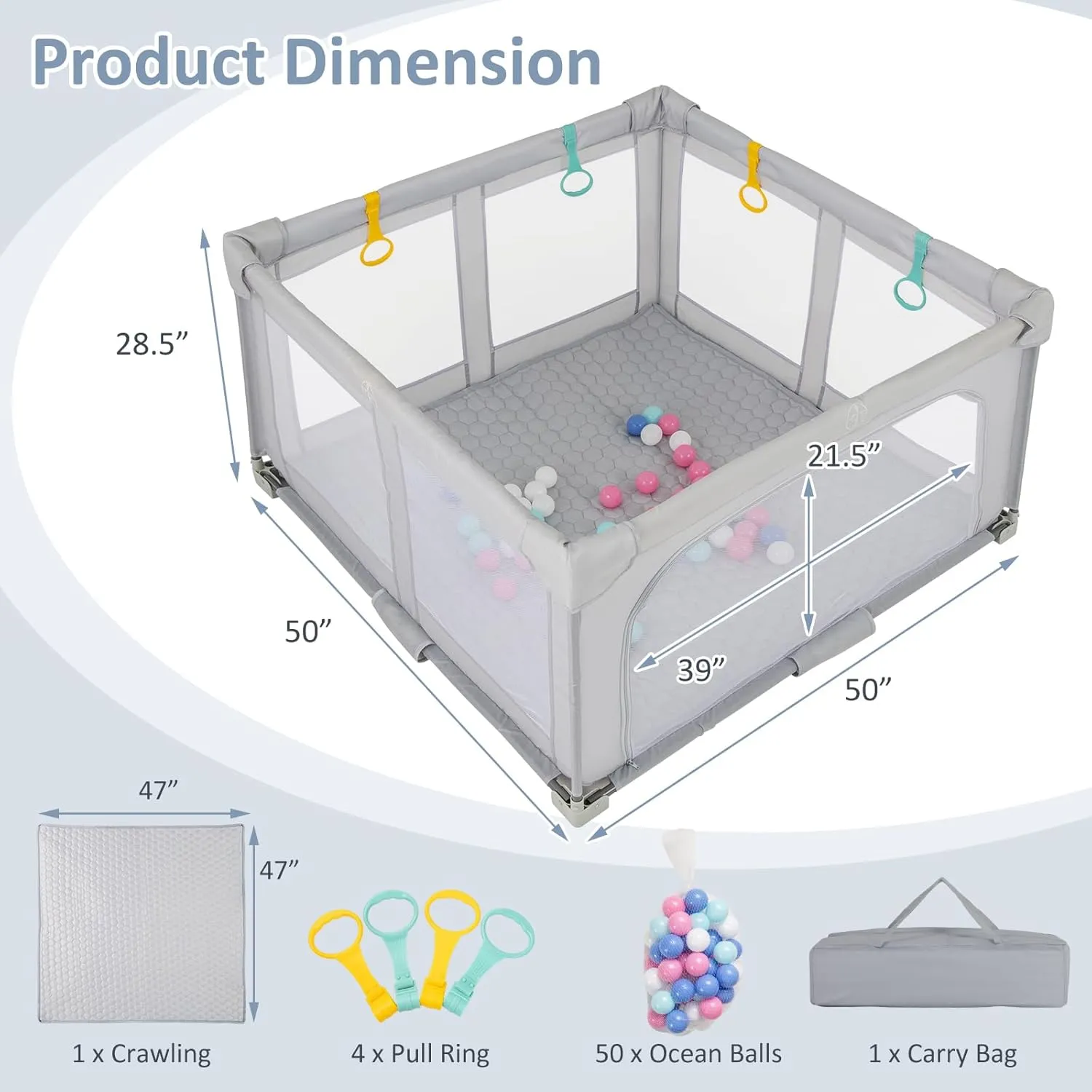 INFANS Foldable Baby Playpen with Mat, 50 x 50 Large Baby Play Yard for Infant with 50 Ocean Balls, 4 Handlers, Carry Bag, Indoor Outdoor Fence Toddler Activity Center (Gray, 50 x 50)
