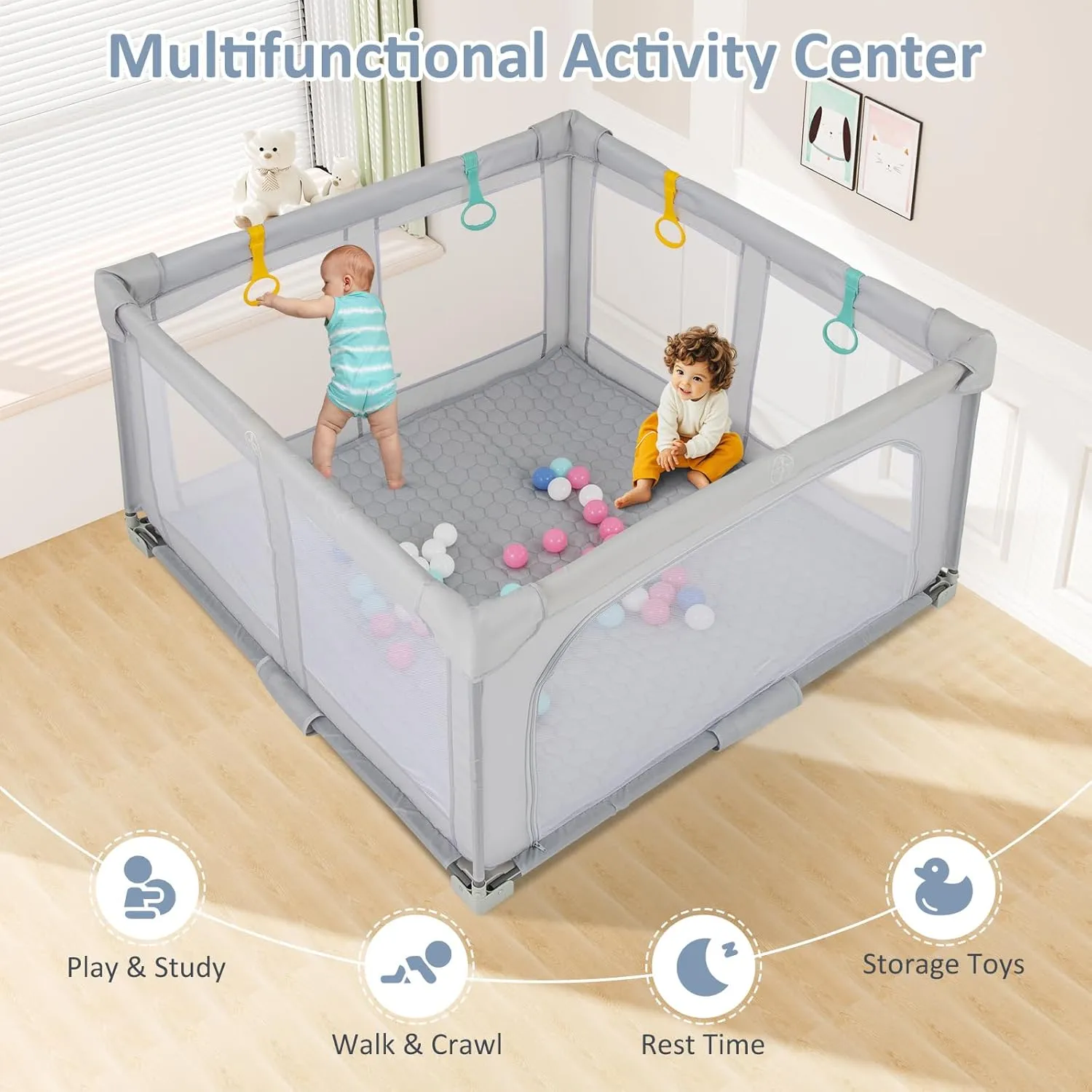 INFANS Foldable Baby Playpen with Mat, 50 x 50 Large Baby Play Yard for Infant with 50 Ocean Balls, 4 Handlers, Carry Bag, Indoor Outdoor Fence Toddler Activity Center (Gray, 50 x 50)