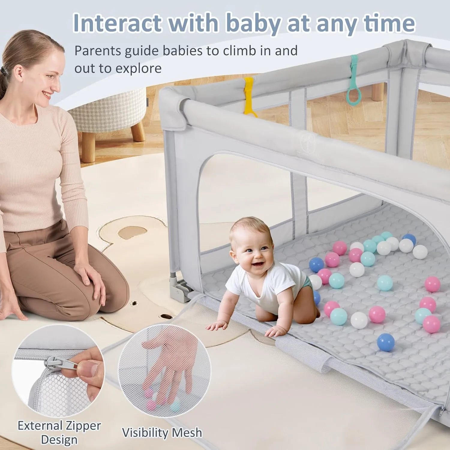 INFANS Foldable Baby Playpen with Mat, 50 x 50 Large Baby Play Yard for Infant with 50 Ocean Balls, 4 Handlers, Carry Bag, Indoor Outdoor Fence Toddler Activity Center (Gray, 50 x 50)