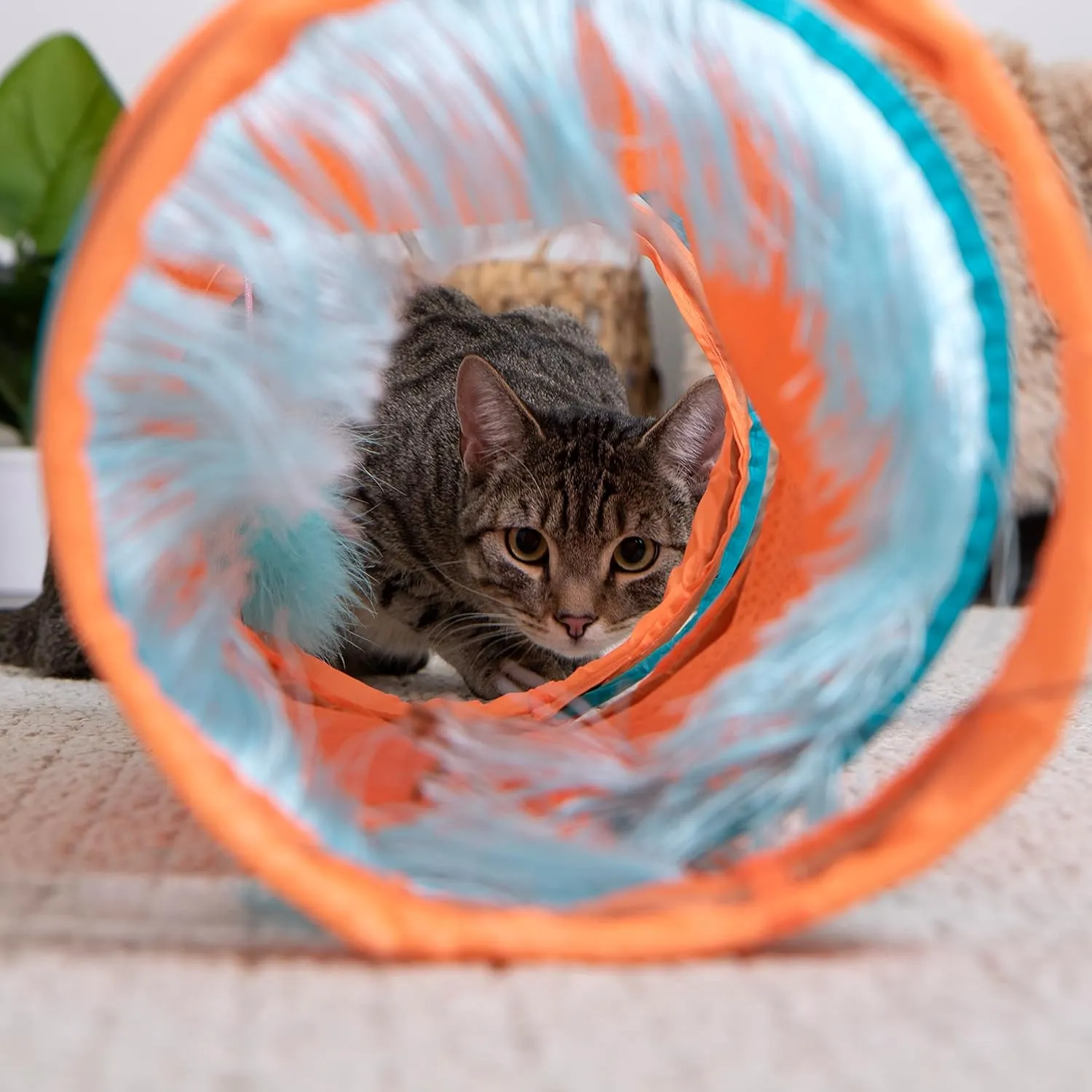 Instincts by SmartyKat Teaser Tunnel Activity Tunnel Cat Toy w/Fringe & Feather Teaser Cat Toy - Orange, One Size